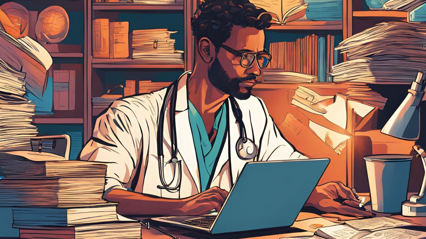 AI generated image of physician working on his computer at a desk, surrounded by paperwork