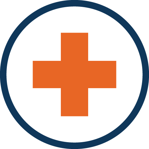 an orange medical cross inside a dark blue circle