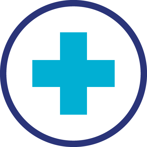 a light blue medical cross inside a dark blue circle