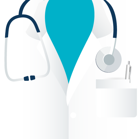 illustrated graphic of a torso wearing a blue shirt under a white coat with stethoscope